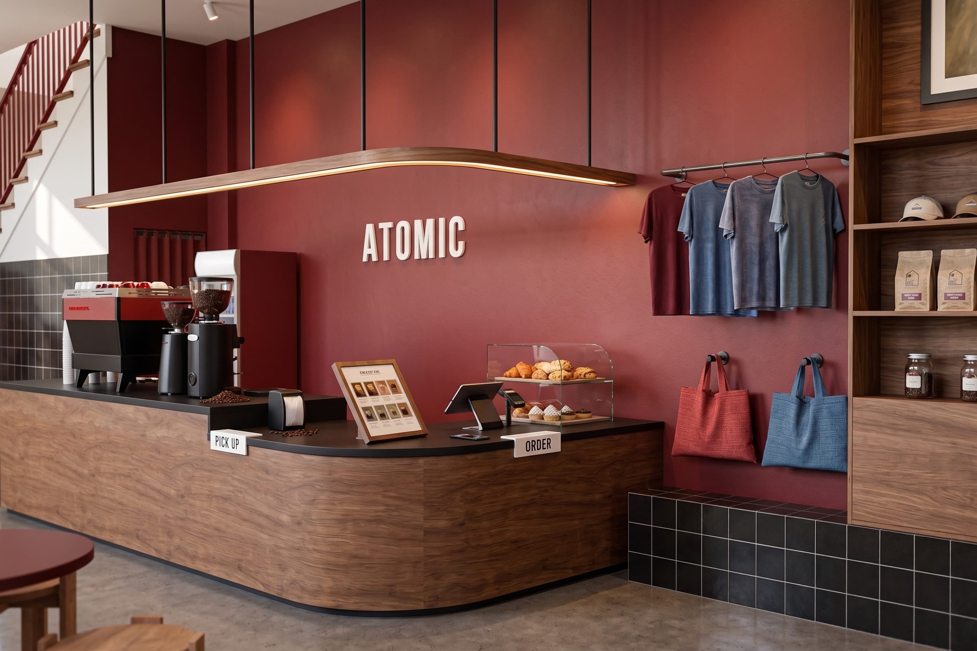 Atomic Cafe counter with a bold red accent wall, illuminated signage and a pastry display.