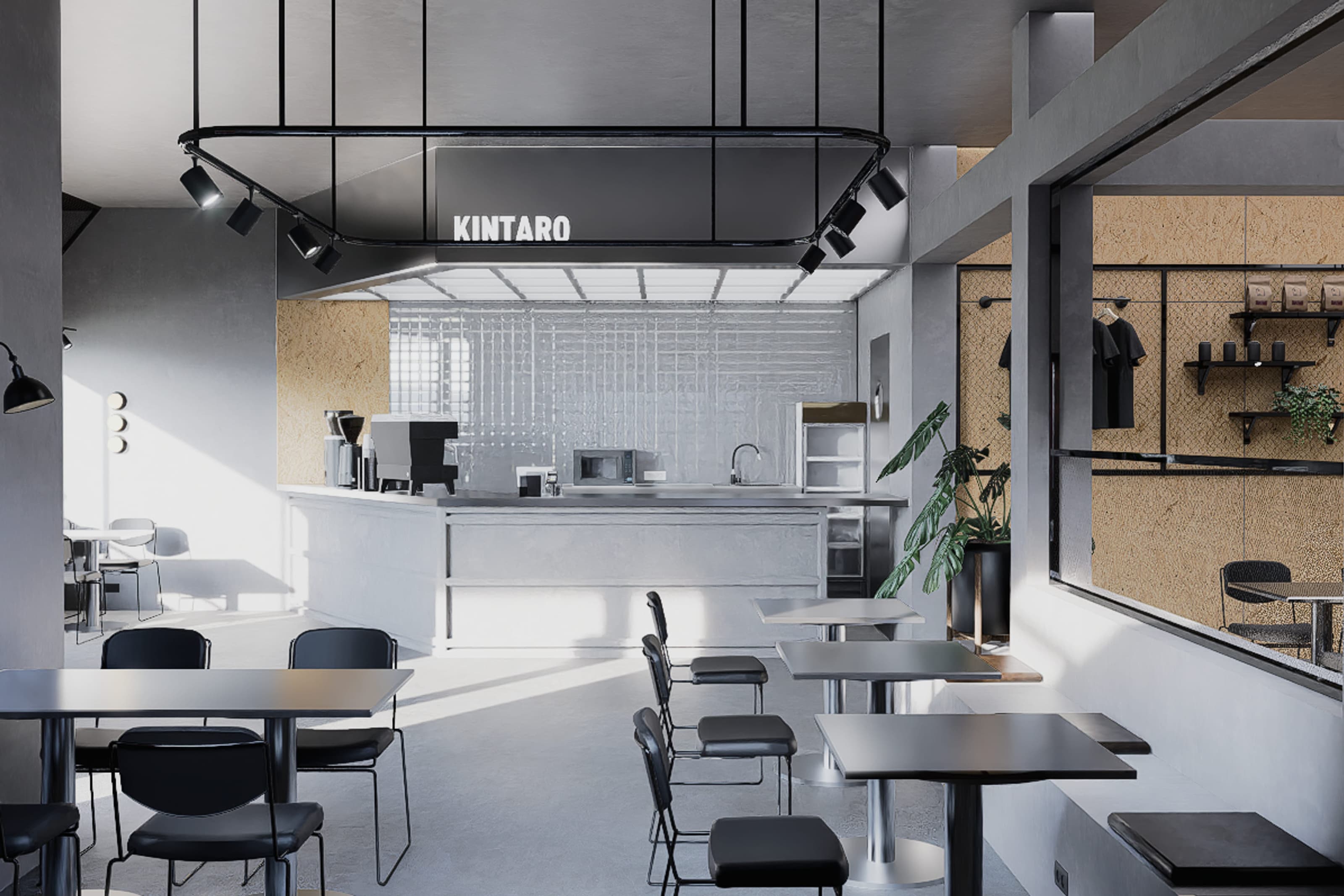 Kintaro storefront with a minimalist black and white facade and illuminated signage above the counter.