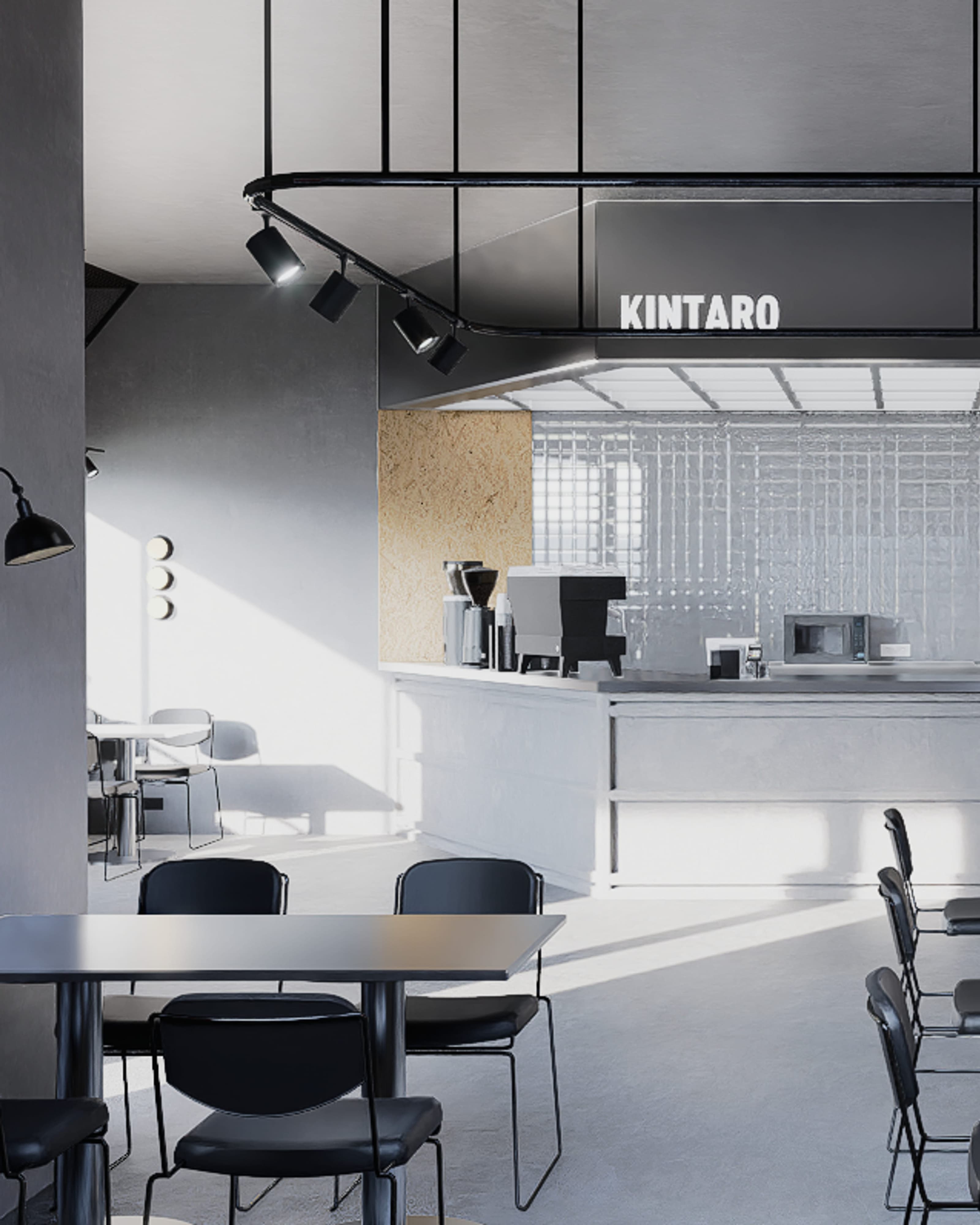 Kintaro storefront with a minimalist black and white facade and illuminated signage above the counter.