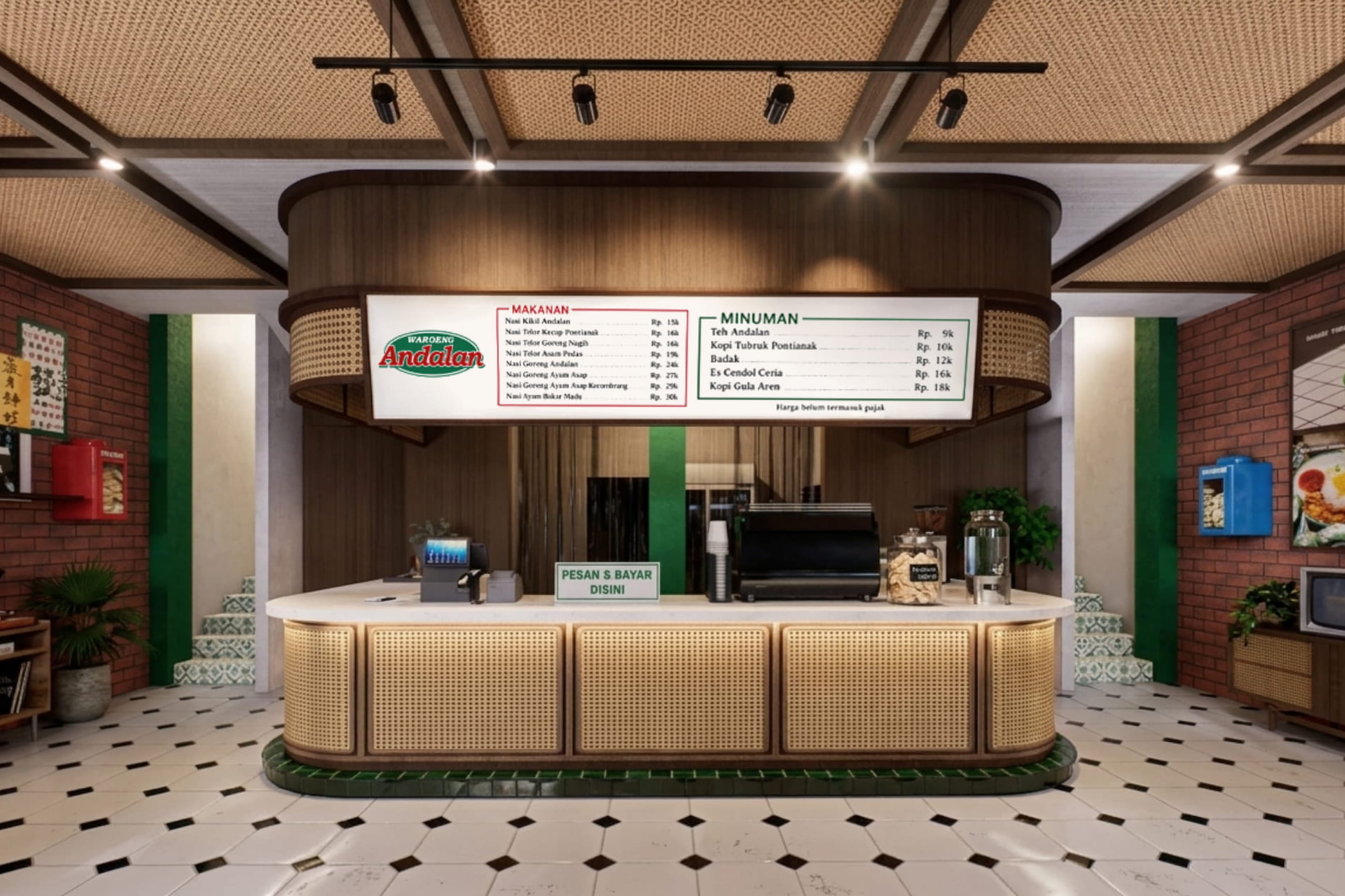 Waroeng Andalan storefront at street level, with green signage and a covered dining terrace behind full-height glazing.