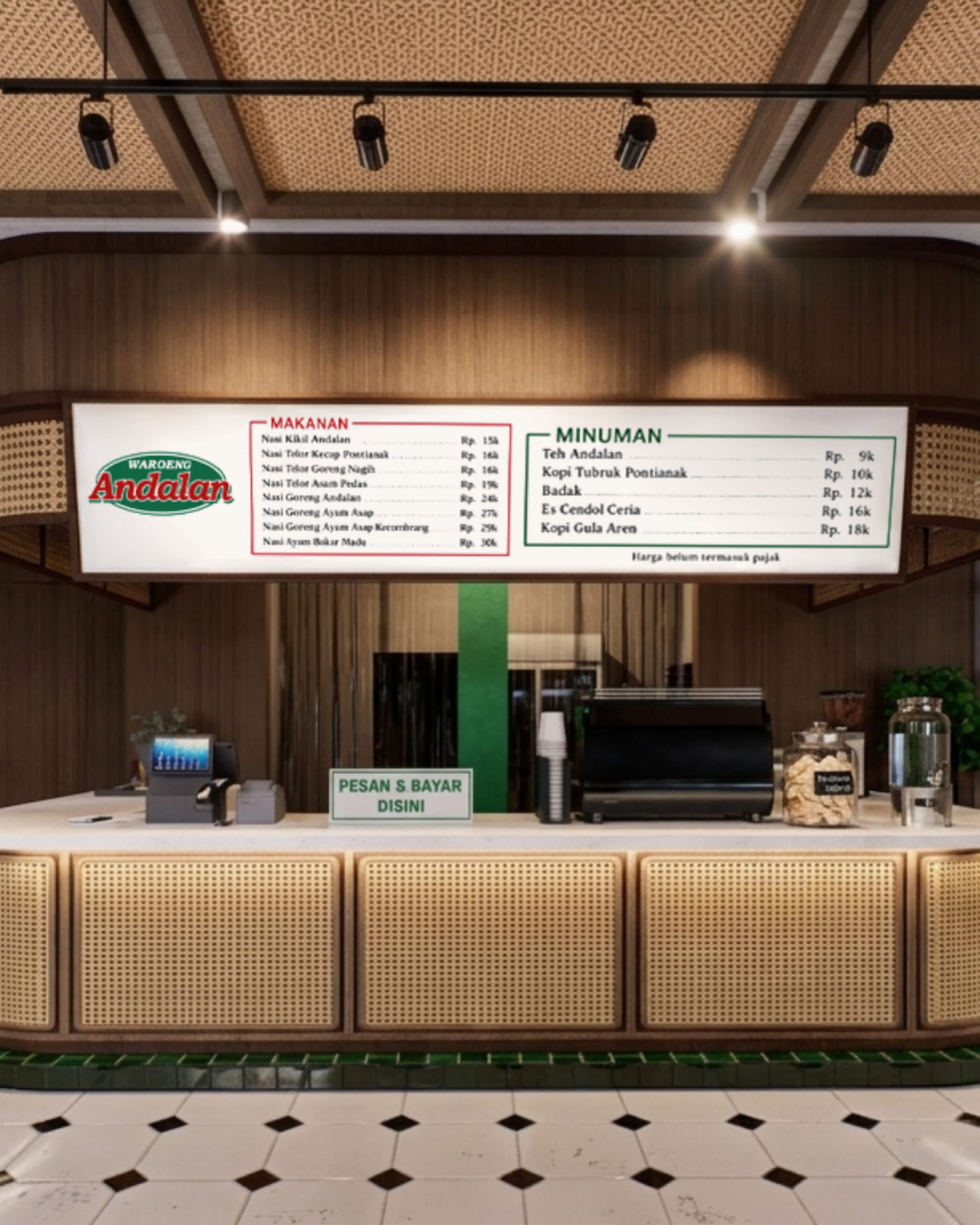 Waroeng Andalan storefront at street level, with green signage and a covered dining terrace behind full-height glazing.